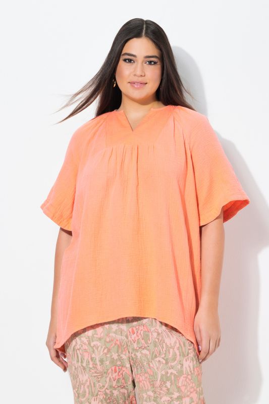 Short Sleeve Split Neck Muslin Blouse