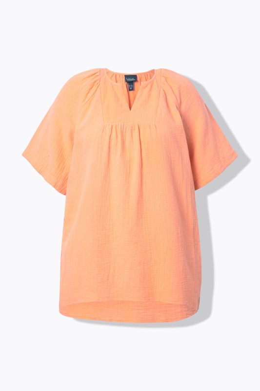 Short Sleeve Split Neck Muslin Blouse