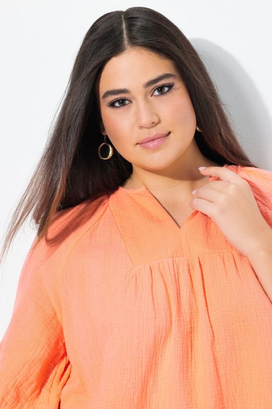 Short Sleeve Split Neck Muslin Blouse