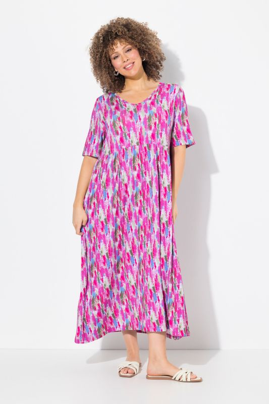 Brushstroke Print Short Sleeve V-Neck Dress