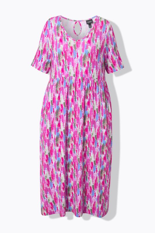 Brushstroke Print Short Sleeve V-Neck Dress