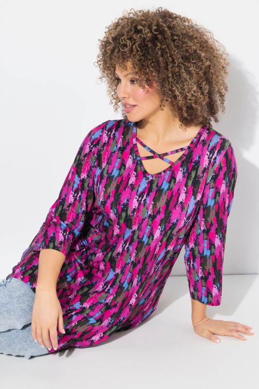 Brushstroke Print 3/4 Sleeve Knit Tunic