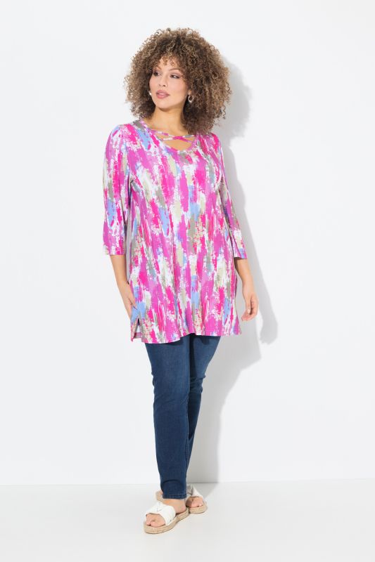 Brushstroke Print 3/4 Sleeve Knit Tunic