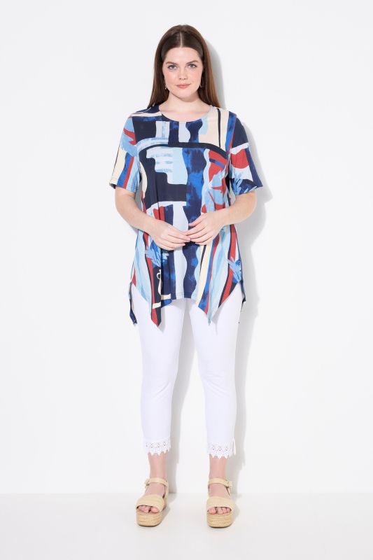 Eco Cotton Abstract Palm Print Short Sleeve Pointed Hem Tee
