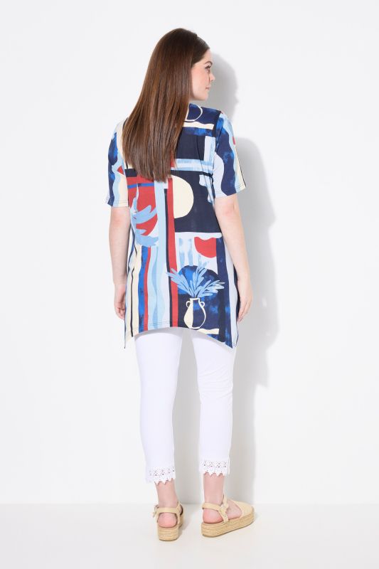 Eco Cotton Abstract Palm Print Short Sleeve Pointed Hem Tee