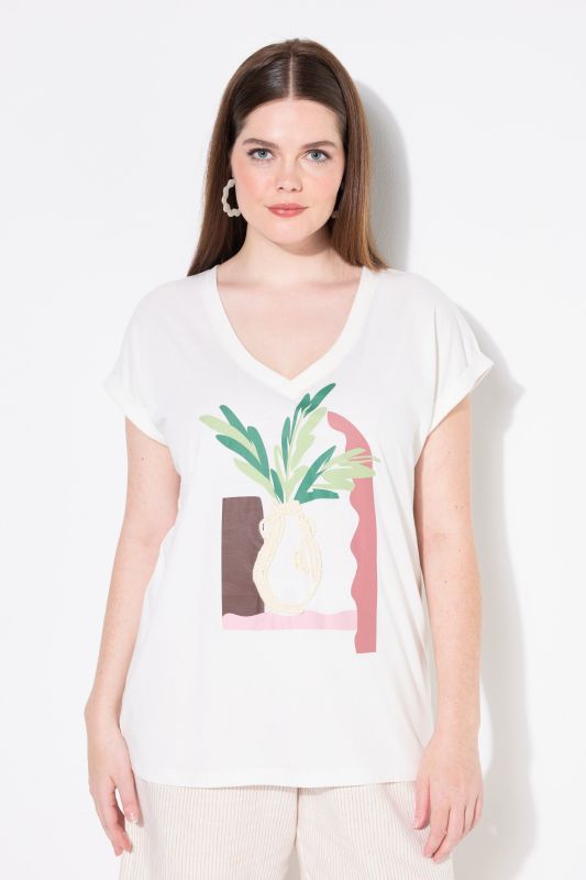 Eco Cotton Textured Vase Graphic V-Neck Tee