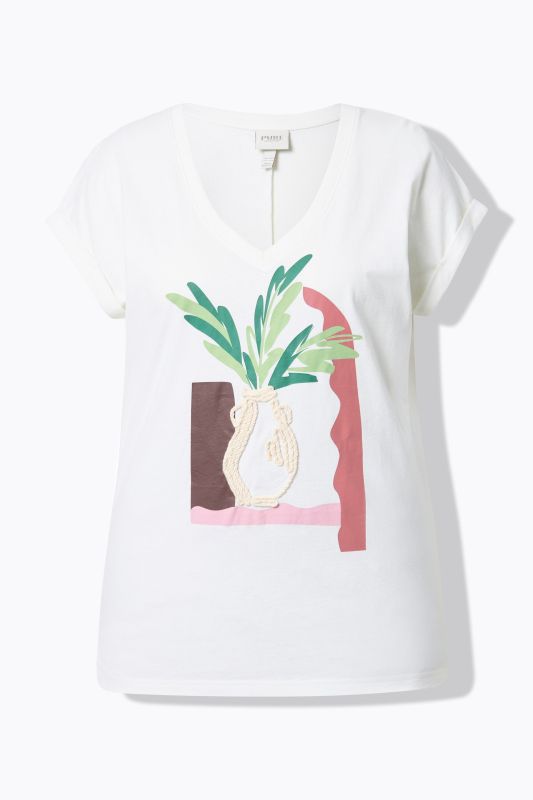 Eco Cotton Textured Vase Graphic V-Neck Tee