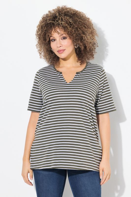 Striped Split Neck Short Sleeve Tee