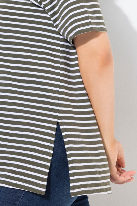Striped Split Neck Short Sleeve Tee