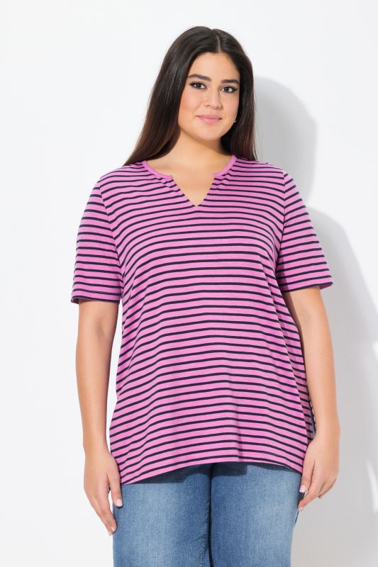 Striped Split Neck Short Sleeve Tee