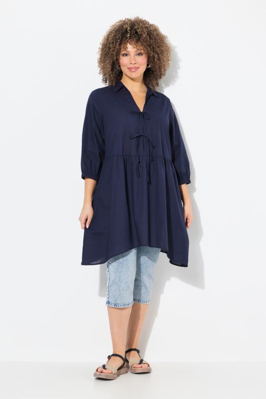 Tie Front 3/4 Sleeve Pointed Hem Tunic Blouse