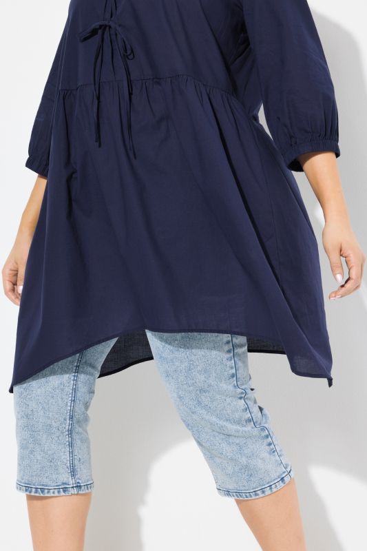Tie Front 3/4 Sleeve Pointed Hem Tunic Blouse