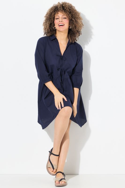 Tie Front 3/4 Sleeve Pointed Hem Tunic Blouse