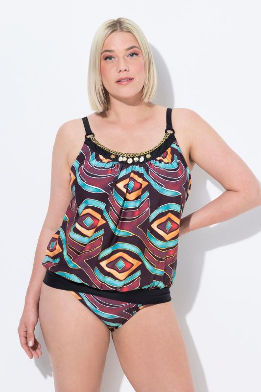 Geometric Print Elastic Hem Tankini Set
