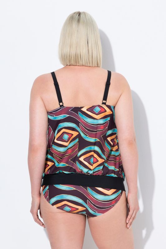 Geometric Print Elastic Hem Tankini Set