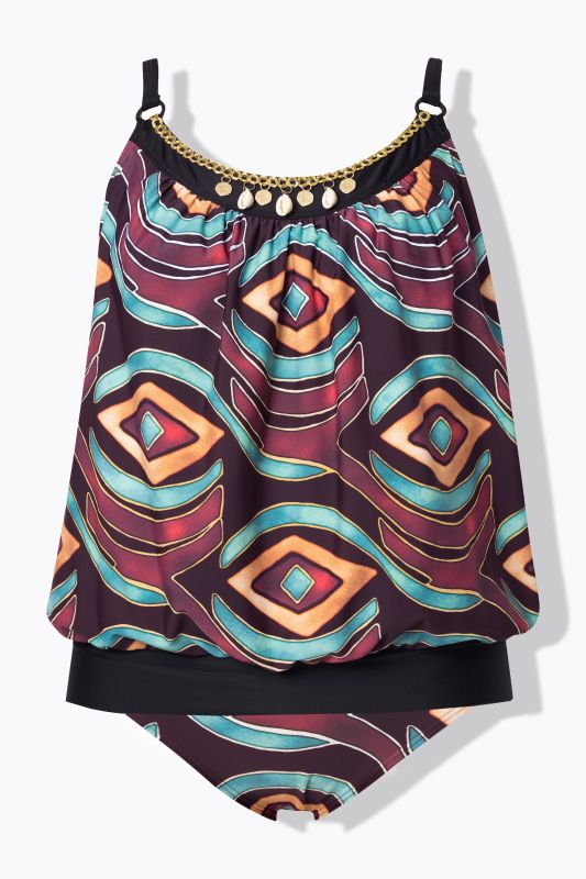 Geometric Print Elastic Hem Tankini Set