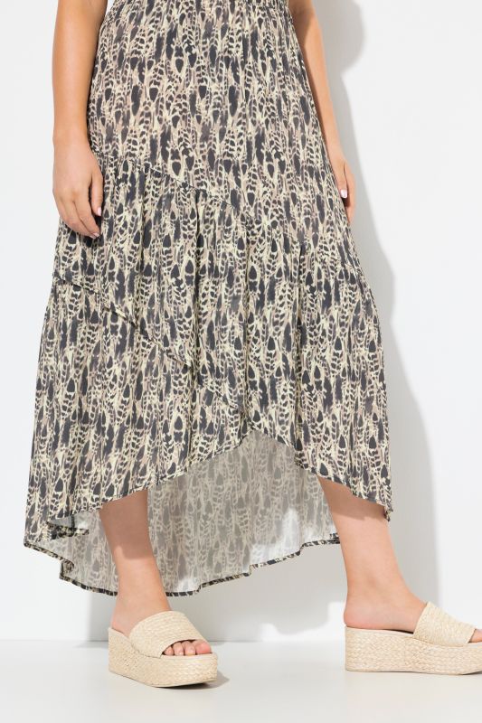 Feather Print Wrap Look Hi Low Skirt