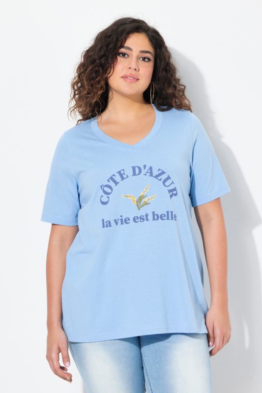 Embroidered Short Sleeve V-Neck Vacation Tee