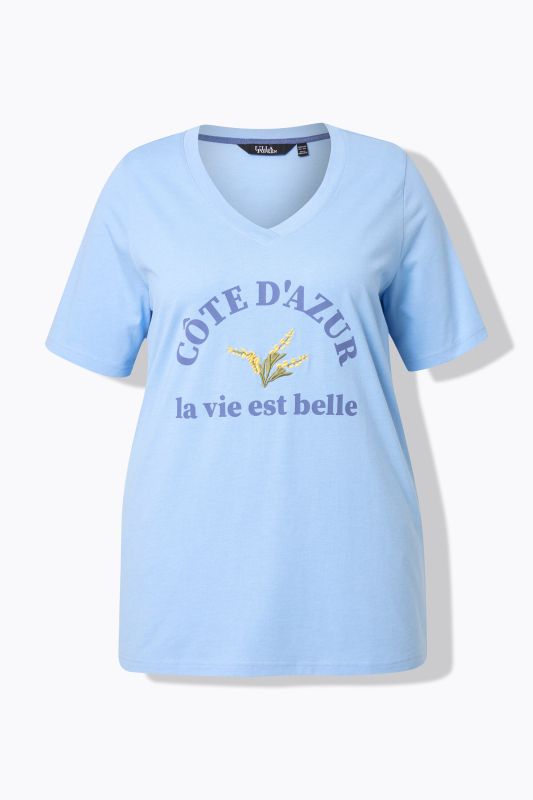 Embroidered Short Sleeve V-Neck Vacation Tee