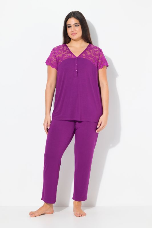 Lace Panel Two Piece Pajama Set