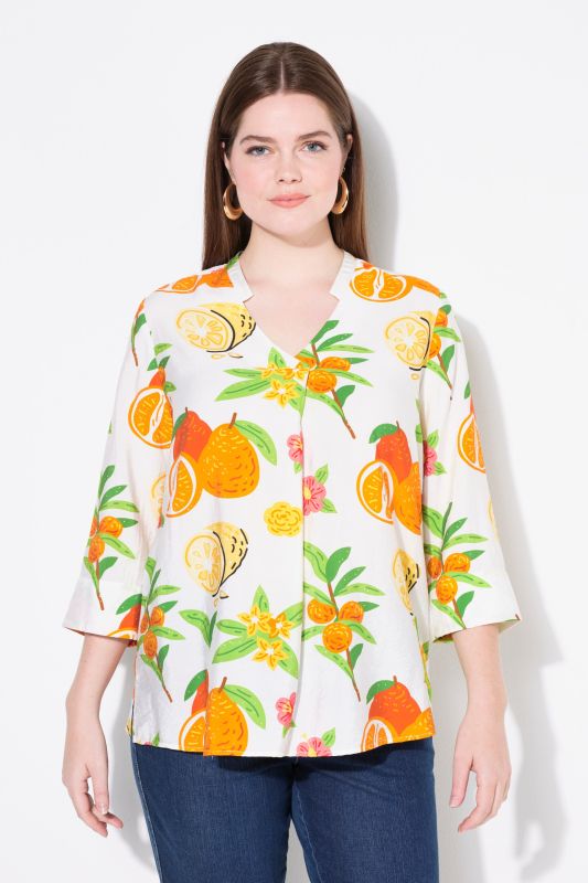 Fruit Print 3/4 Sleeve Split Neck Blouse