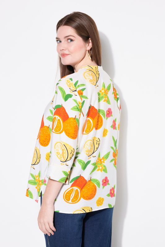Fruit Print 3/4 Sleeve Split Neck Blouse
