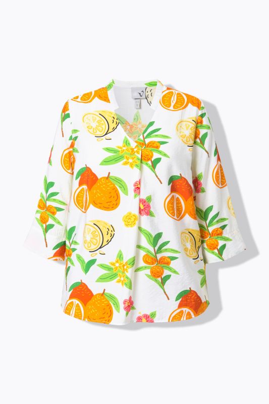 Fruit Print 3/4 Sleeve Split Neck Blouse
