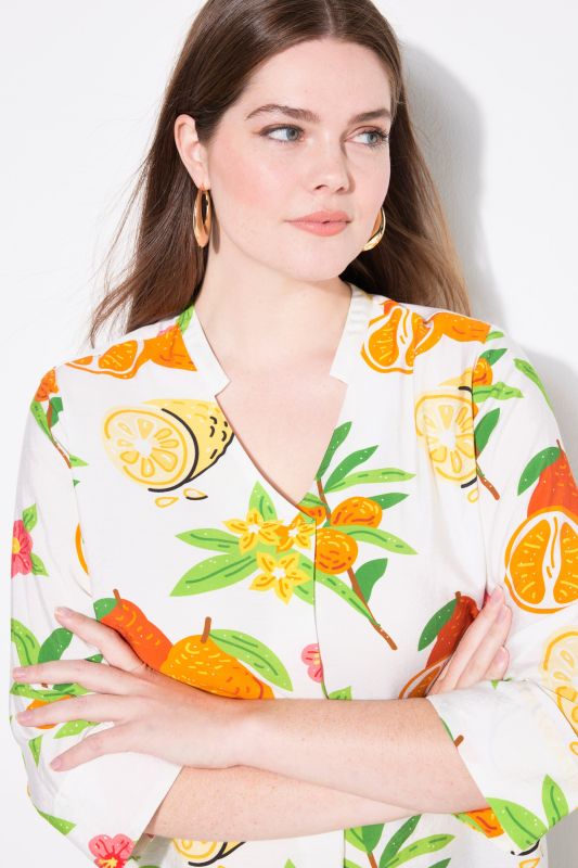 Fruit Print 3/4 Sleeve Split Neck Blouse