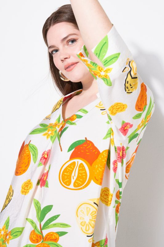 Fruit Print 3/4 Sleeve Split Neck Blouse