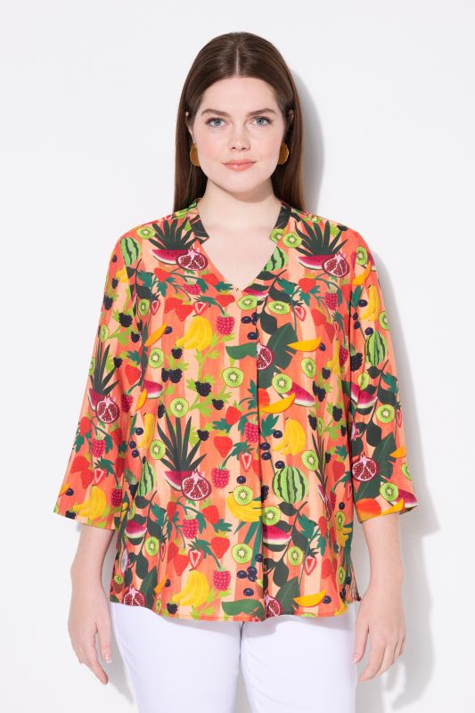 Fruit Print 3/4 Sleeve Split Neck Blouse