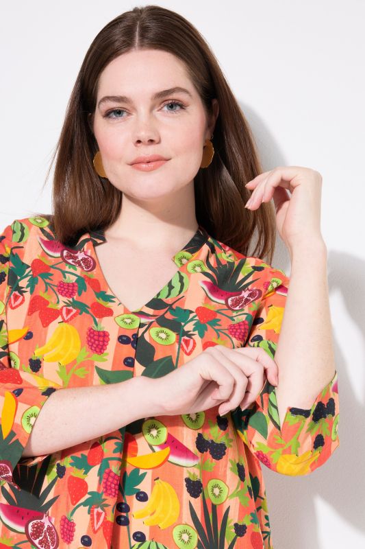 Fruit Print 3/4 Sleeve Split Neck Blouse
