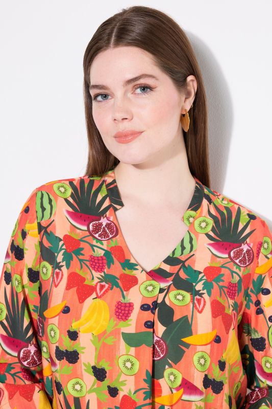 Fruit Print 3/4 Sleeve Split Neck Blouse