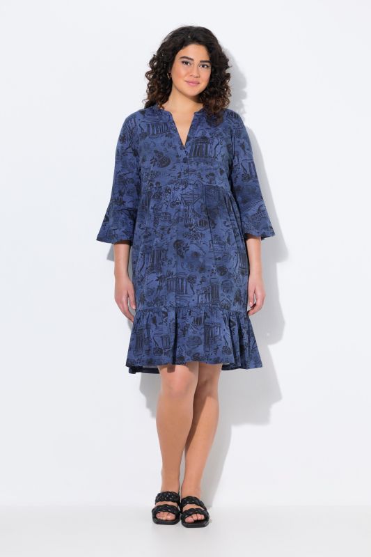 Printed Flounce Panel 3/4 Sleeve Dress