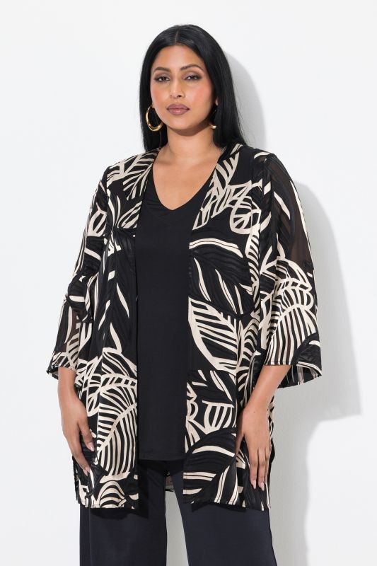 Leaf Print 3/4 Sleeve Chiffon Burnout Jacket