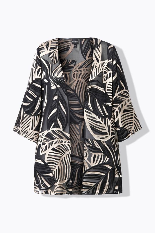 Leaf Print 3/4 Sleeve Chiffon Burnout Jacket