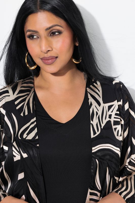 Leaf Print 3/4 Sleeve Chiffon Burnout Jacket