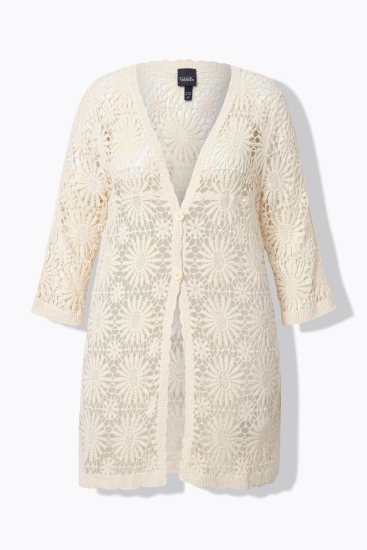 Floral Openwork Knit Scalloped Hem Cardigan