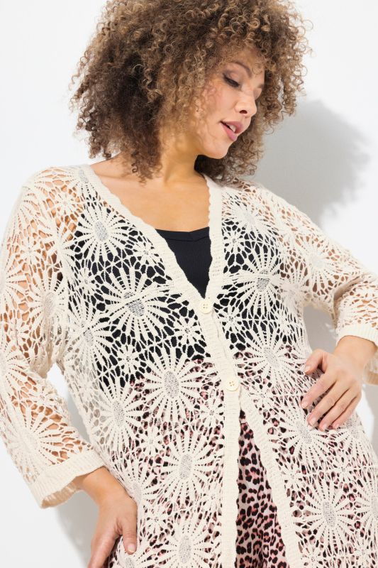 Floral Openwork Knit Scalloped Hem Cardigan