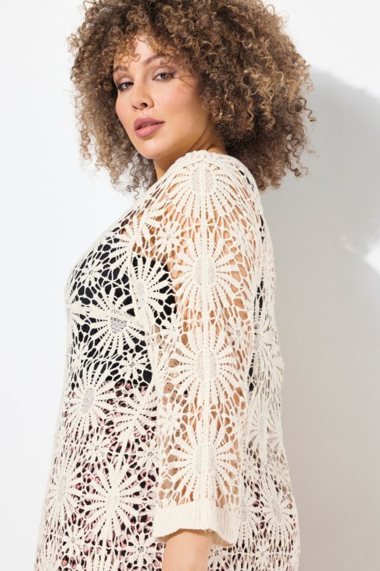 Floral Openwork Knit Scalloped Hem Cardigan