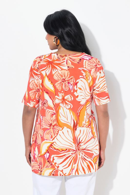 Hawaiian Print Short Sleeve Slinky Top