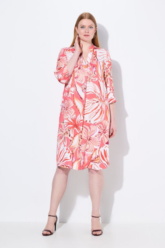 Hawaiian Print 3/4 Sleeve Midi Dress
