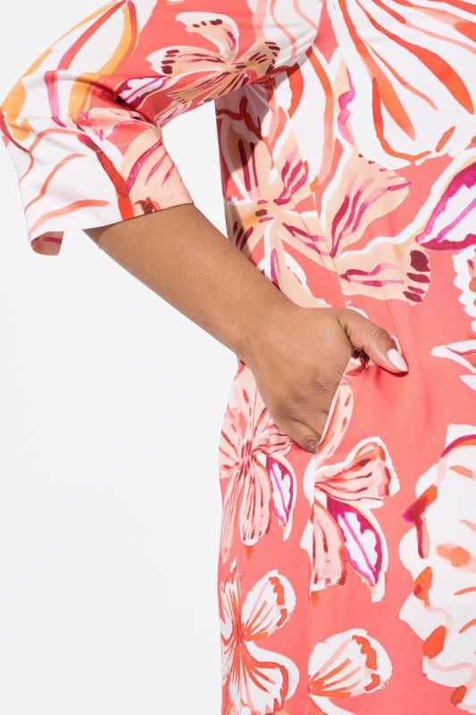 Hawaiian Print 3/4 Sleeve Midi Dress