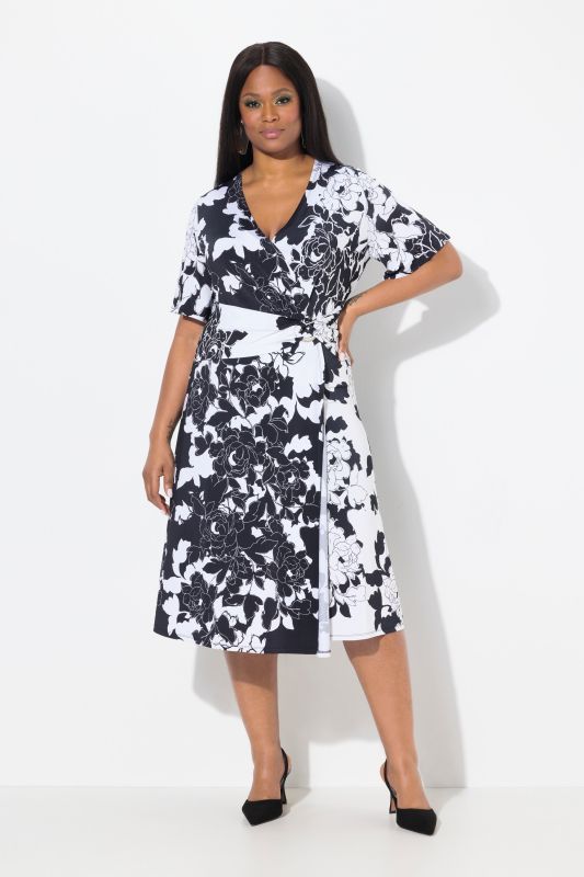 Floral Wrap Look Short Sleeve Slinky Dress