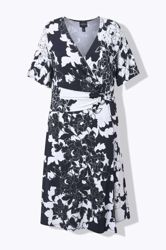 Floral Wrap Look Short Sleeve Slinky Dress