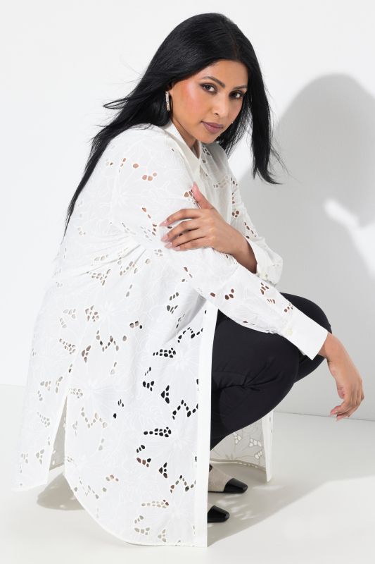 Broderie Anglaise Long Sleeve Button Down Shirt Dress