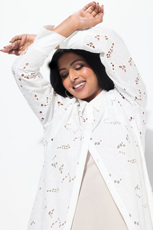 Broderie Anglaise Long Sleeve Button Down Shirt Dress