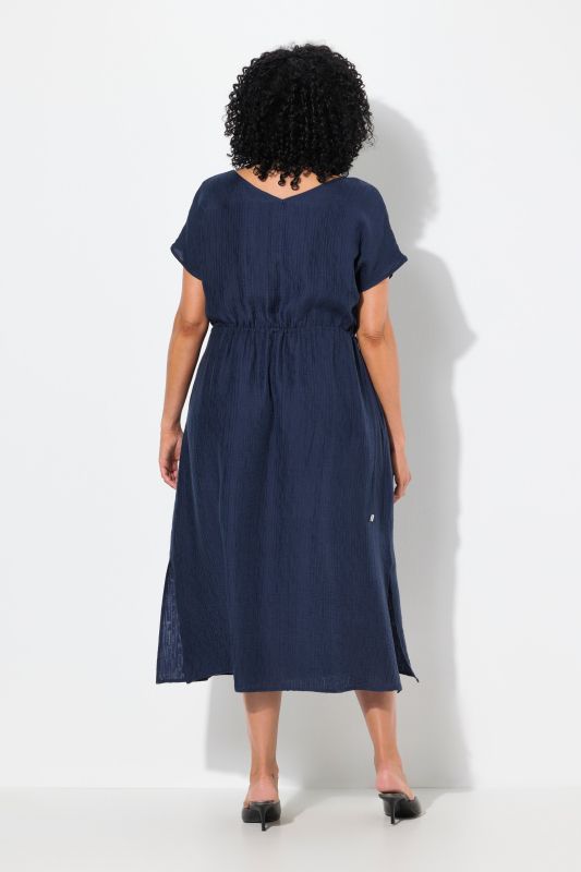 Drawstring Waist Cap Sleeve V-Neck Dress