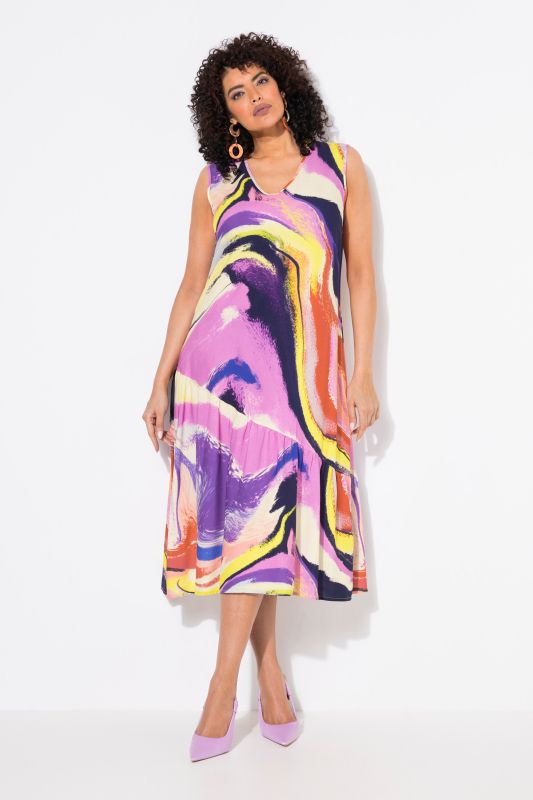 Vibrant Swirl Asymmetric Flounce Panel Dress