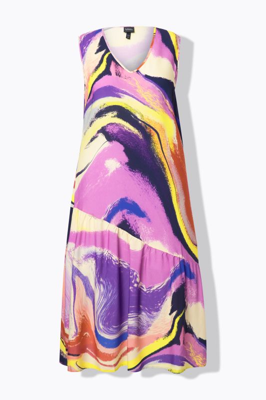 Vibrant Swirl Asymmetric Flounce Panel Dress