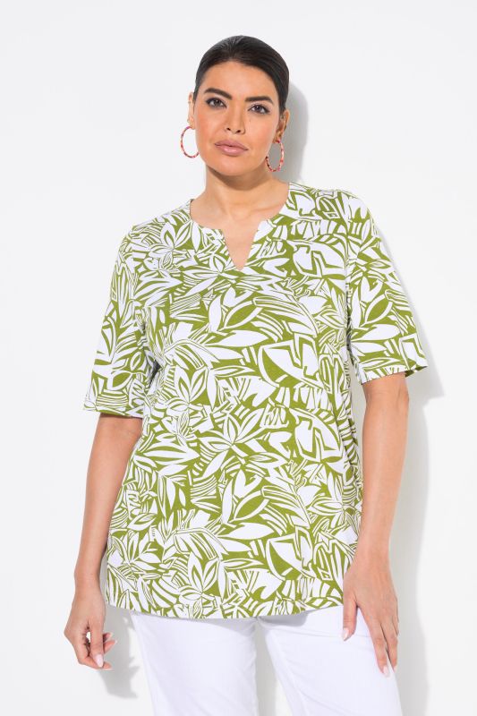 Abstract Foliage Short Sleeve Split Neck Tee